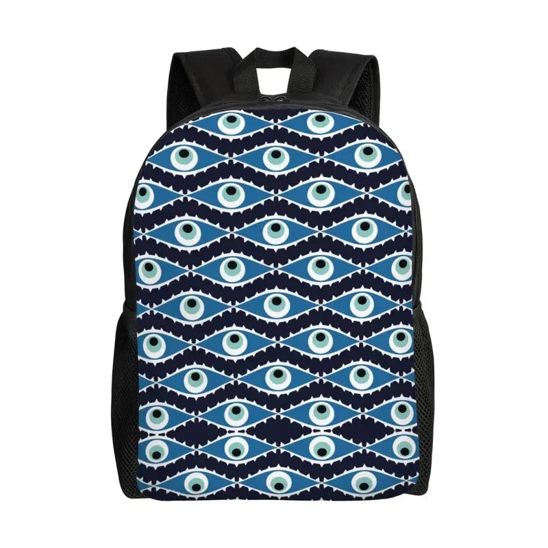 Custom Navy Blue White Mediterranean Evil Eye Mandala Pattern Backpacks Men Casual Bookbag for School College Bohemian Boho Bags