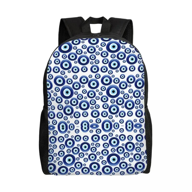 Custom Navy Blue White Mediterranean Evil Eye Mandala Pattern Backpacks Men Casual Bookbag for School College Bohemian Boho Bags