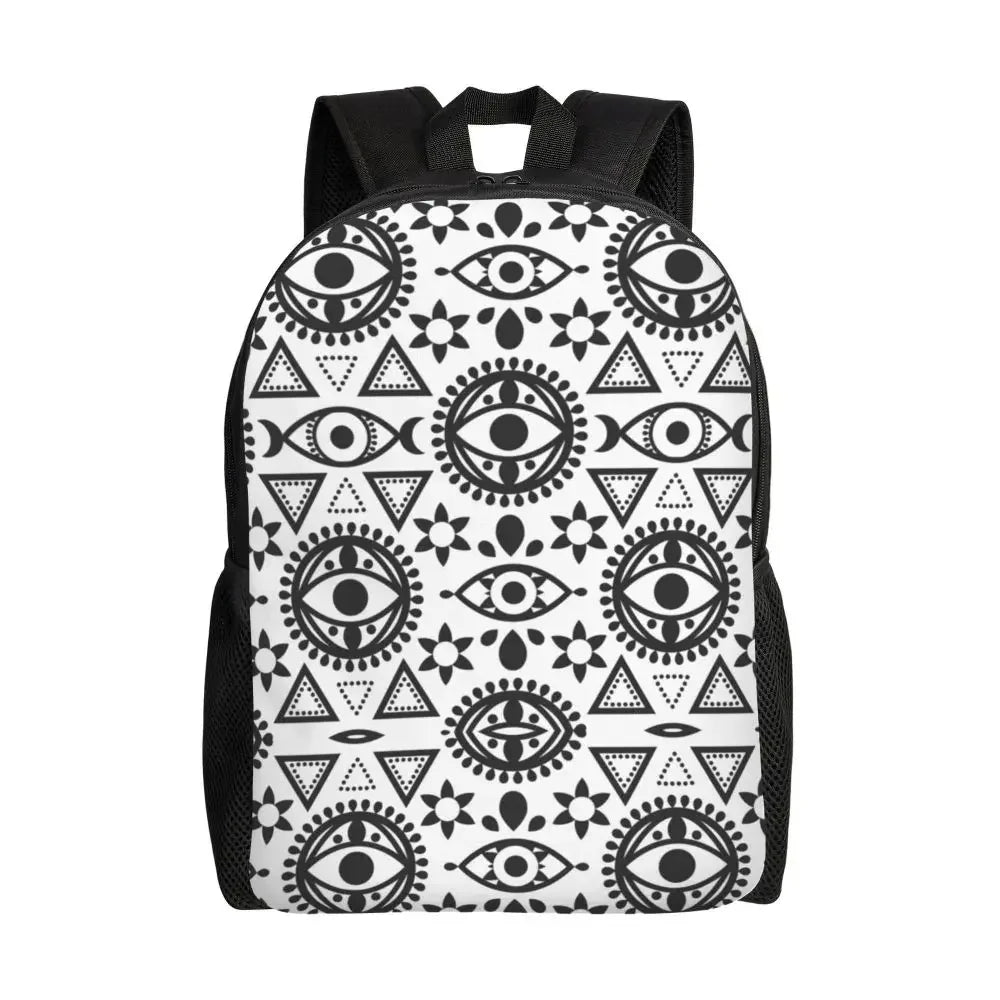 Custom Navy Blue White Mediterranean Evil Eye Mandala Pattern Backpacks Men Casual Bookbag for School College Bohemian Boho Bags