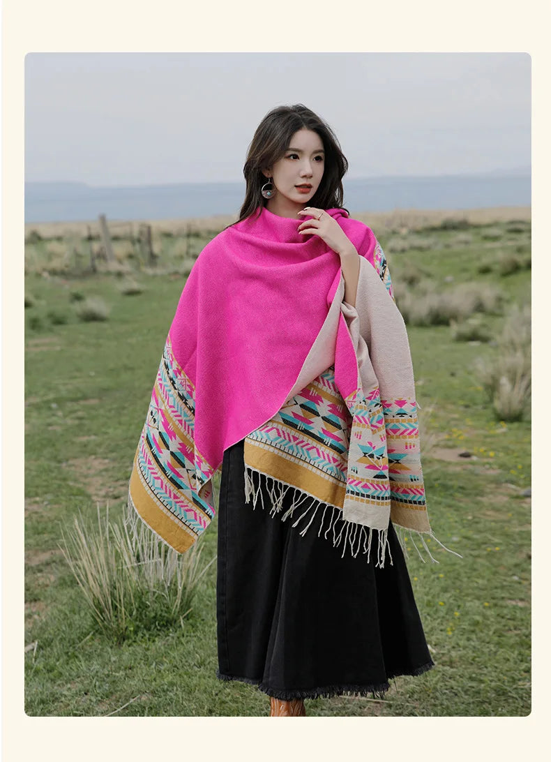 WeHello - Bohemian shawl tie dyed stripe overlay, imitation cashmere cape ethnic style warmth overlay with scarf