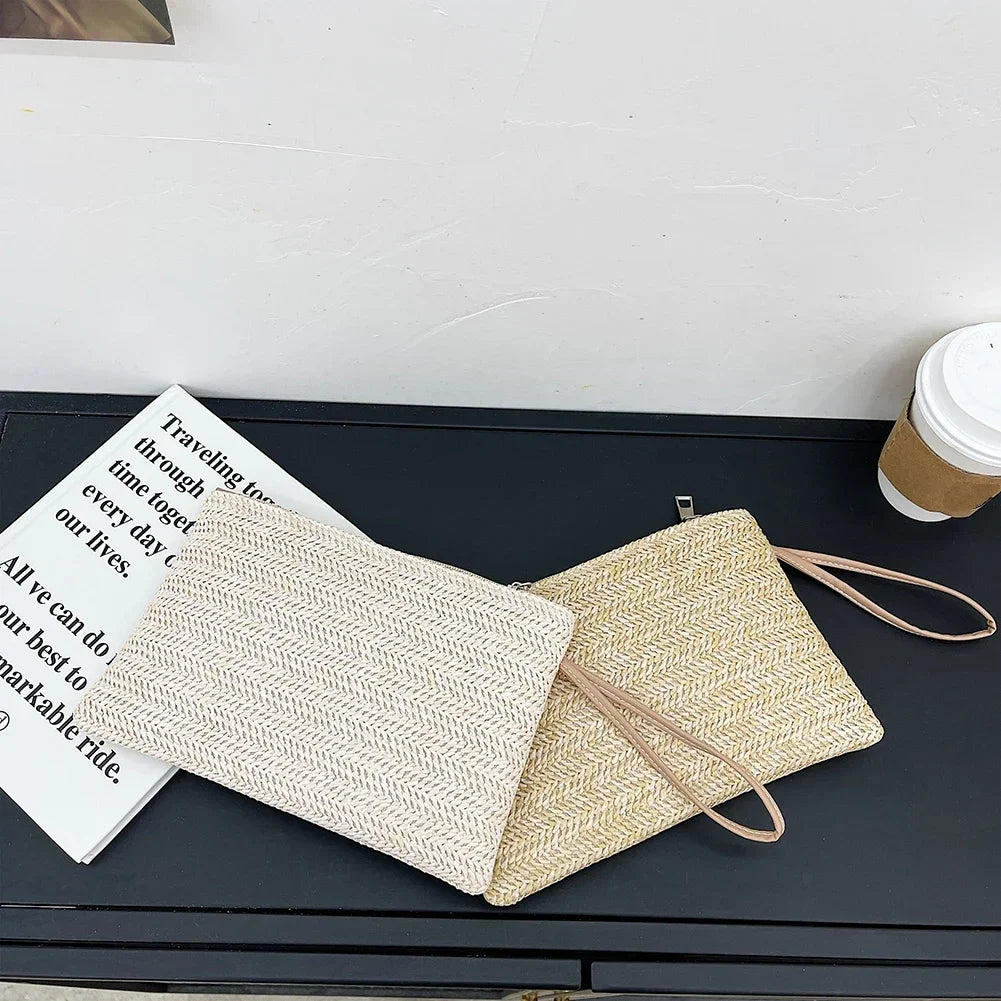 Bohemian Elegant Straw Handbag Beach Handmade Woven Women's Clutch Pure Colour Wallet Mobile Phone Coin Storage Bag