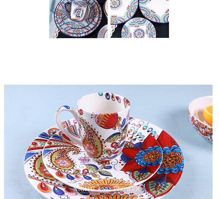 Creative Boho Ceramic Plate European Classical Painted Steak Pasta Dinner Plates Restaurant Hotel Serving Tray Home Tableware