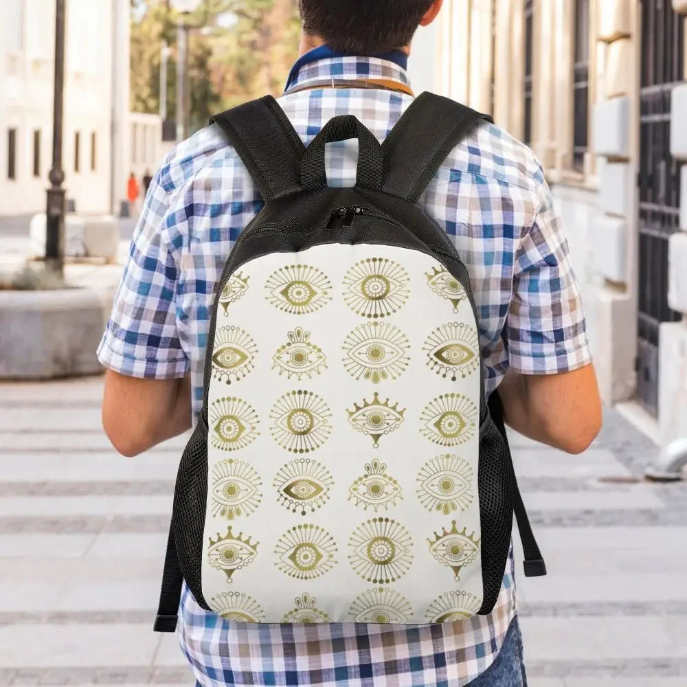 Custom Navy Blue White Mediterranean Evil Eye Mandala Pattern Backpacks Men Casual Bookbag for School College Bohemian Boho Bags