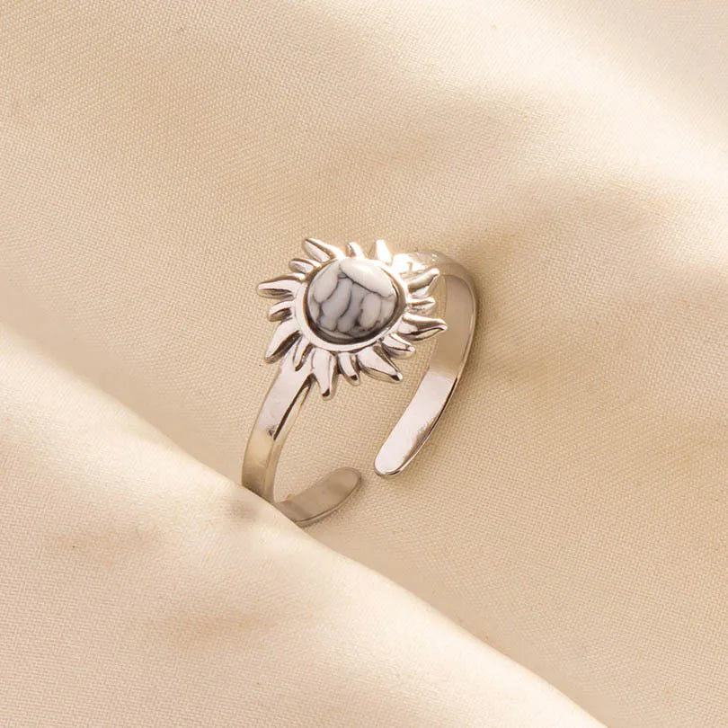 Chic Bohemian White Turquoise Statement Silver Color Ring Stainless Steel Opening Adjustable Boho Ring Jewelry Gifts Never Fade