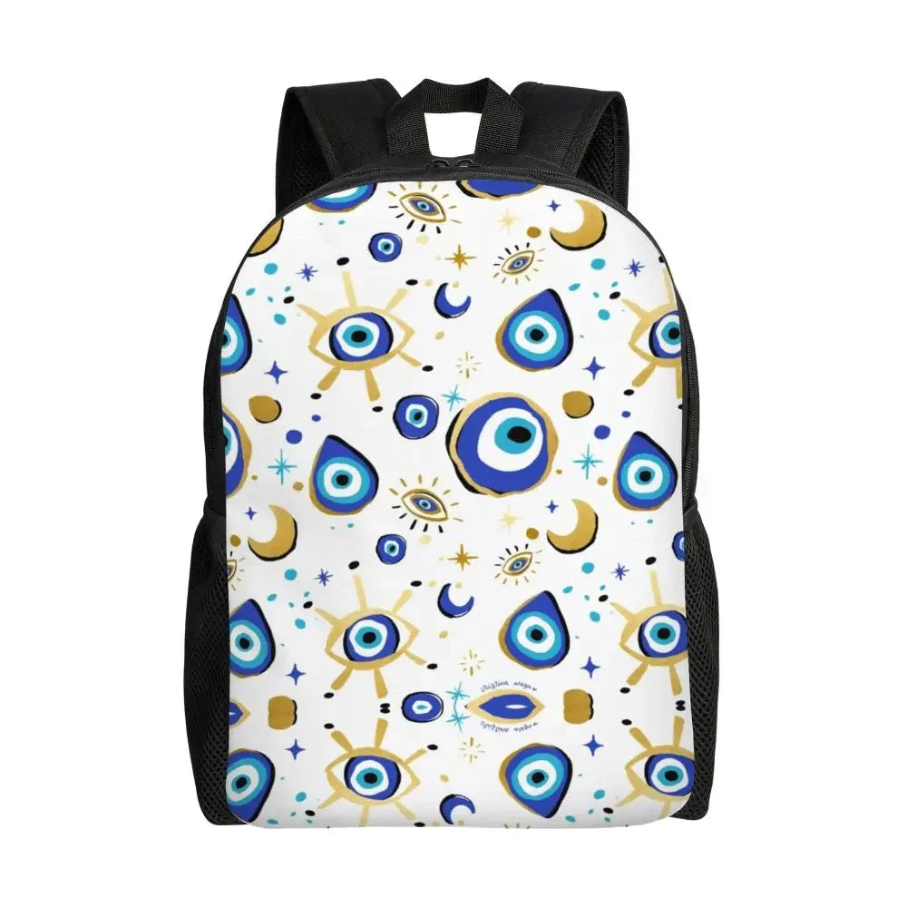 Custom Navy Blue White Mediterranean Evil Eye Mandala Pattern Backpacks Men Casual Bookbag for School College Bohemian Boho Bags