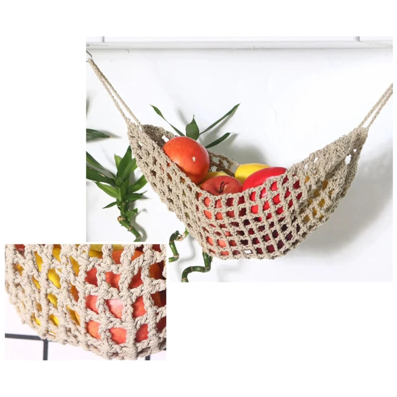 Macrame Handwoven Fruit Hammock Banana Holder Boho Cotton Rope Hanging Net Basket Home Kitchen Under Cabinet