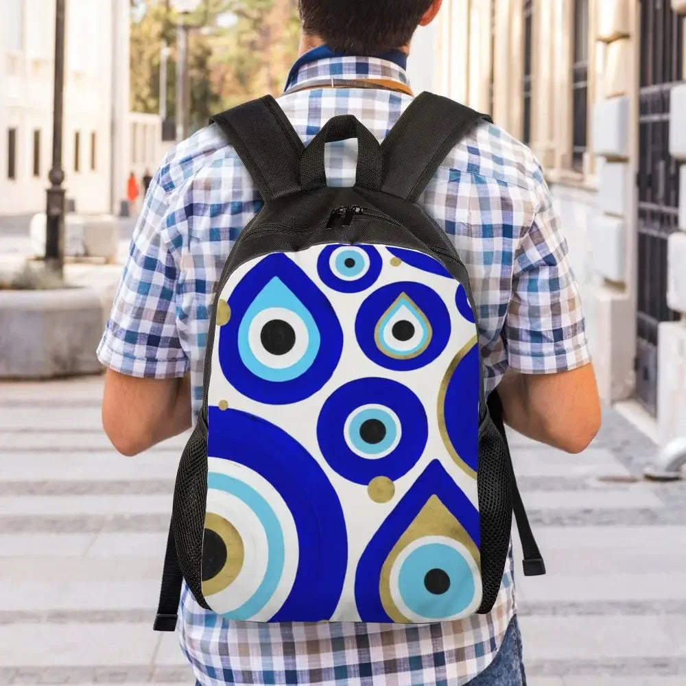 Custom Navy Blue White Mediterranean Evil Eye Mandala Pattern Backpacks Men Casual Bookbag for School College Bohemian Boho Bags