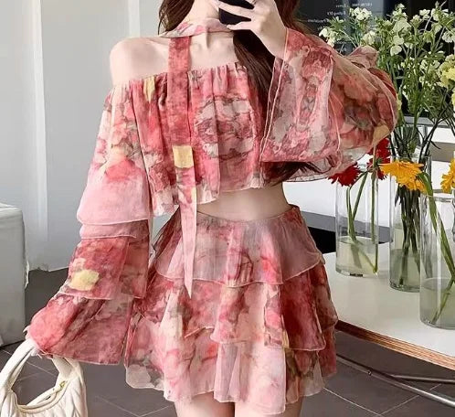 Holiday Ruffles Beach Skirts Suit Women Fashion Off Shoulder Floral Chiffon Tops  High Waist Mini Skirt Womens Two Peice Sets