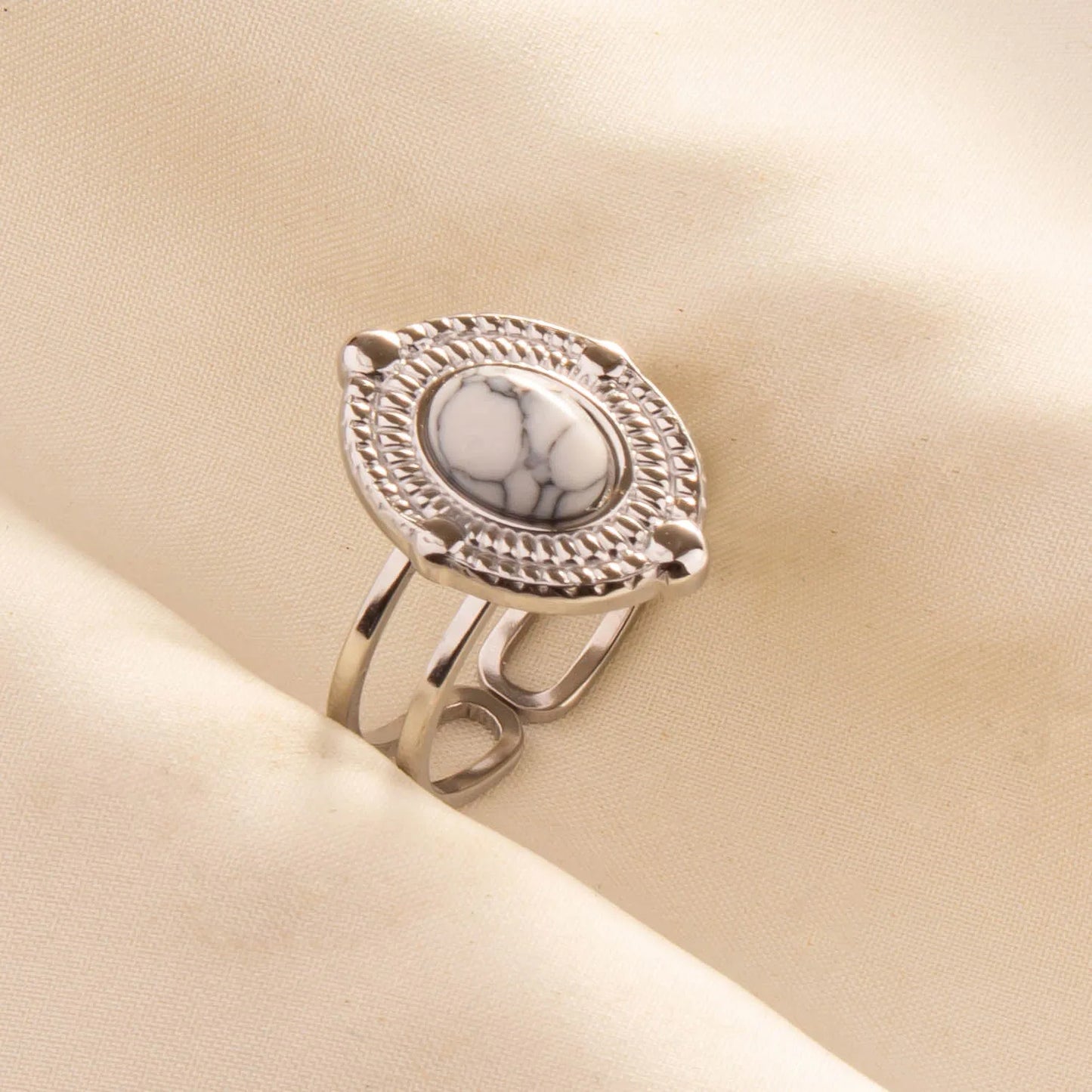 Chic Bohemian White Turquoise Statement Silver Color Ring Stainless Steel Opening Adjustable Boho Ring Jewelry Gifts Never Fade