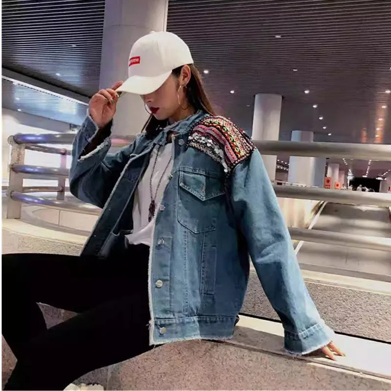 2024 Spring Women's Jacket Boho Denim Female Floral Appliques Embroidery Vintage Coat Long Sleeve Outerwear Jackets Coatee