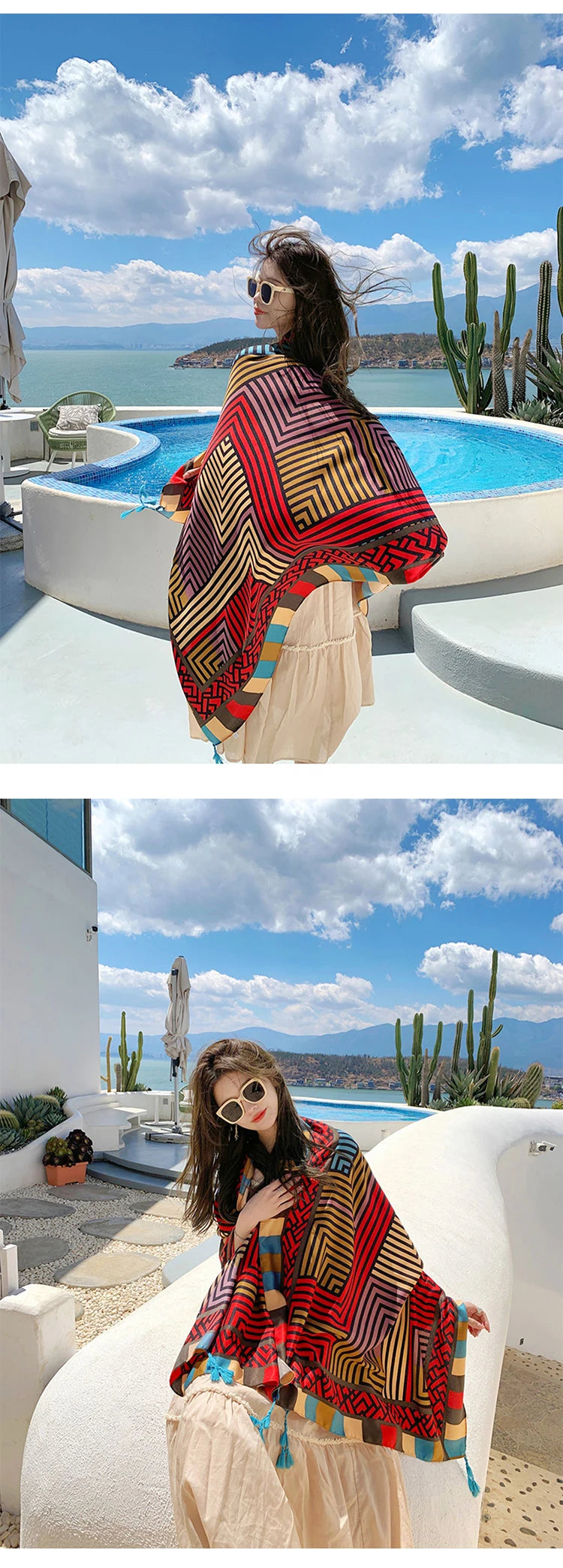 Summer Elegant Women Silk Scarf Beach Wrap Shawl Vintage Striped Print Lady Sunscreen Bandana Long Hijab Mujer Boho Scarve Pareo