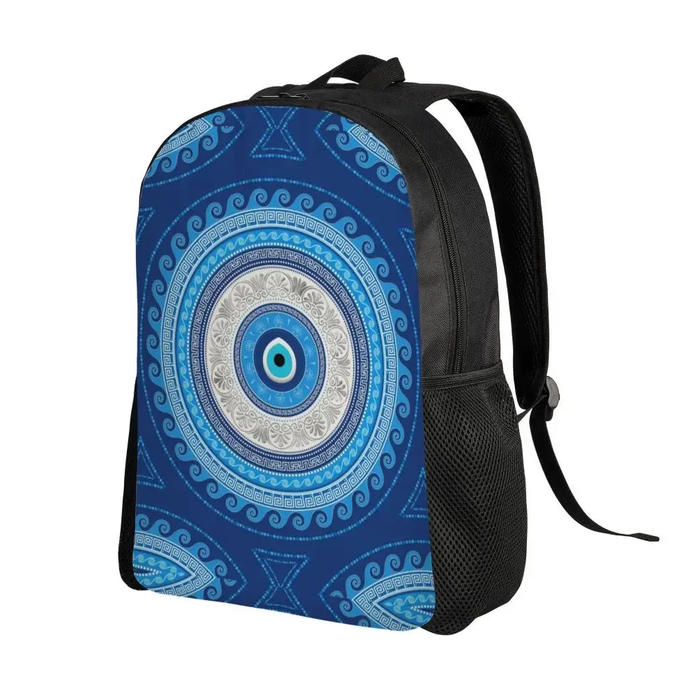 Custom Navy Blue White Mediterranean Evil Eye Mandala Pattern Backpacks Men Casual Bookbag for School College Bohemian Boho Bags