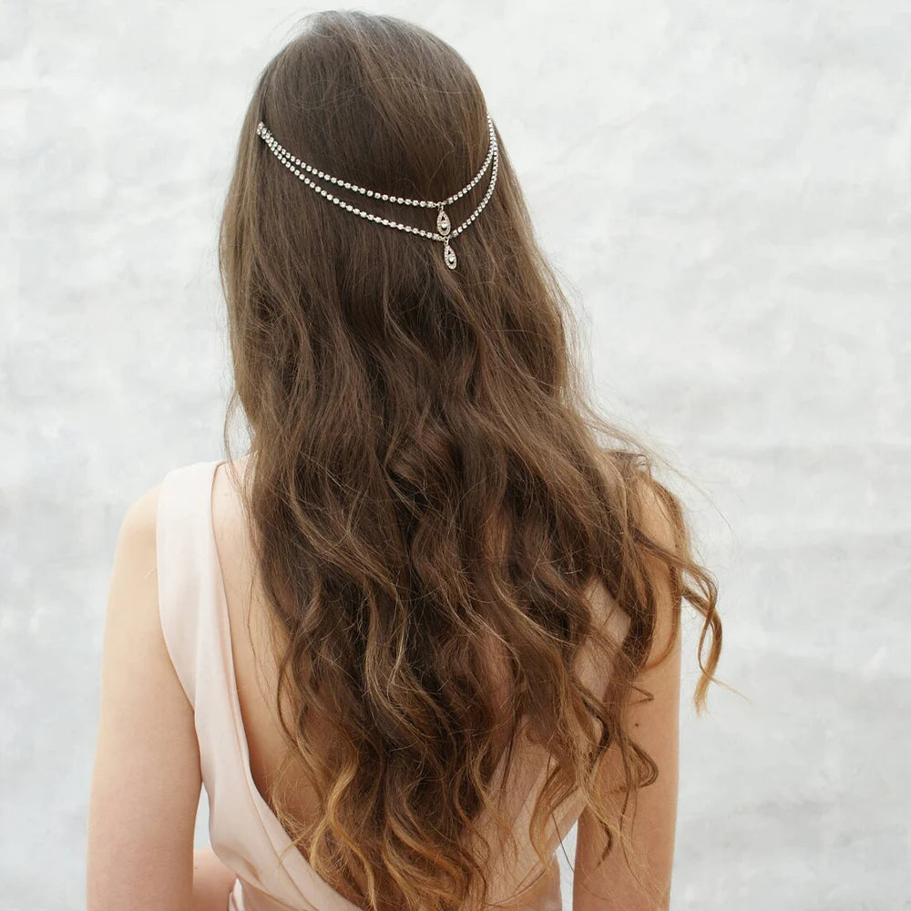 Gorgeous Lady Wedding Hair Comb Chain Water Drop Boho Tiara Accessories Charming Pendant Rhinestone Headdress Jewelry for Bridal