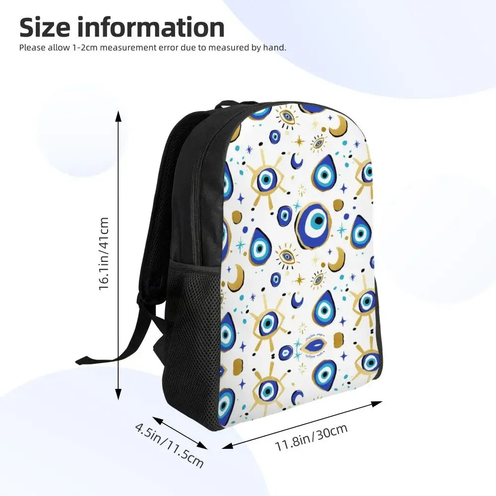 Custom Navy Blue White Mediterranean Evil Eye Mandala Pattern Backpacks Men Casual Bookbag for School College Bohemian Boho Bags