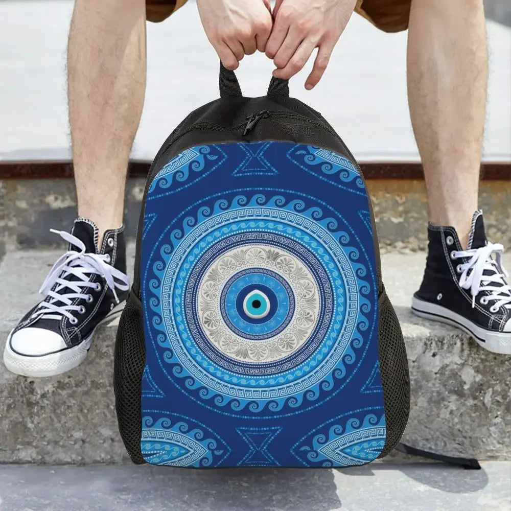 Custom Navy Blue White Mediterranean Evil Eye Mandala Pattern Backpacks Men Casual Bookbag for School College Bohemian Boho Bags