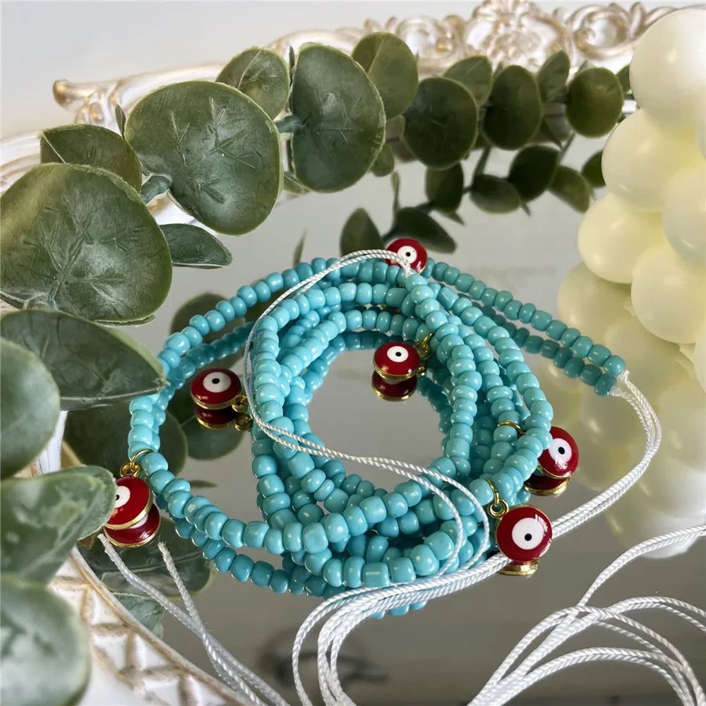 Boho Evil Eye Pendant Beaded Waist Chain for Female Plus Size African Non-Stretching Tie-on Belly Chain Bikini Body Jewelry 2022