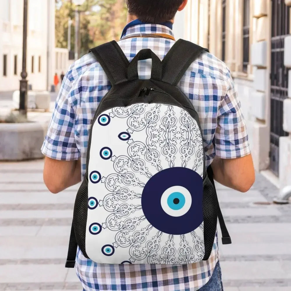 Custom Navy Blue White Mediterranean Evil Eye Mandala Pattern Backpacks Men Casual Bookbag for School College Bohemian Boho Bags