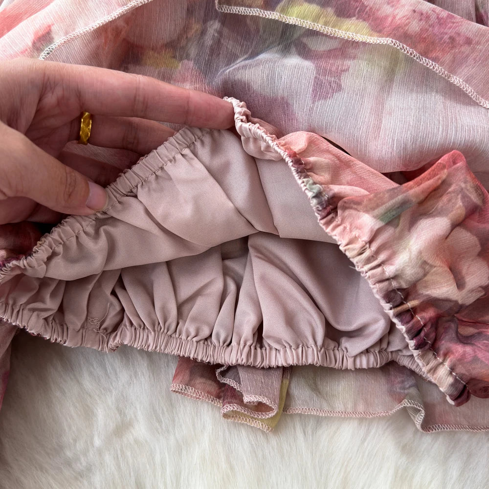 Holiday Ruffles Beach Skirts Suit Women Fashion Off Shoulder Floral Chiffon Tops  High Waist Mini Skirt Womens Two Peice Sets