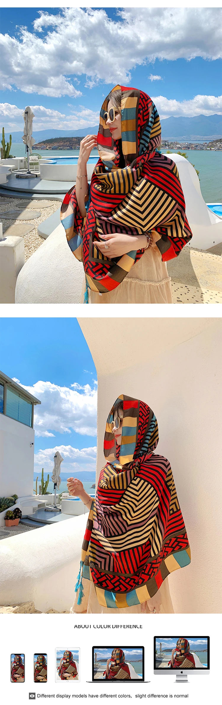 Summer Elegant Women Silk Scarf Beach Wrap Shawl Vintage Striped Print Lady Sunscreen Bandana Long Hijab Mujer Boho Scarve Pareo