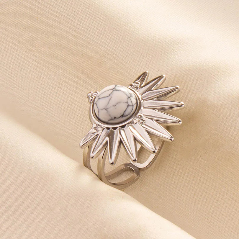 Chic Bohemian White Turquoise Statement Silver Color Ring Stainless Steel Opening Adjustable Boho Ring Jewelry Gifts Never Fade