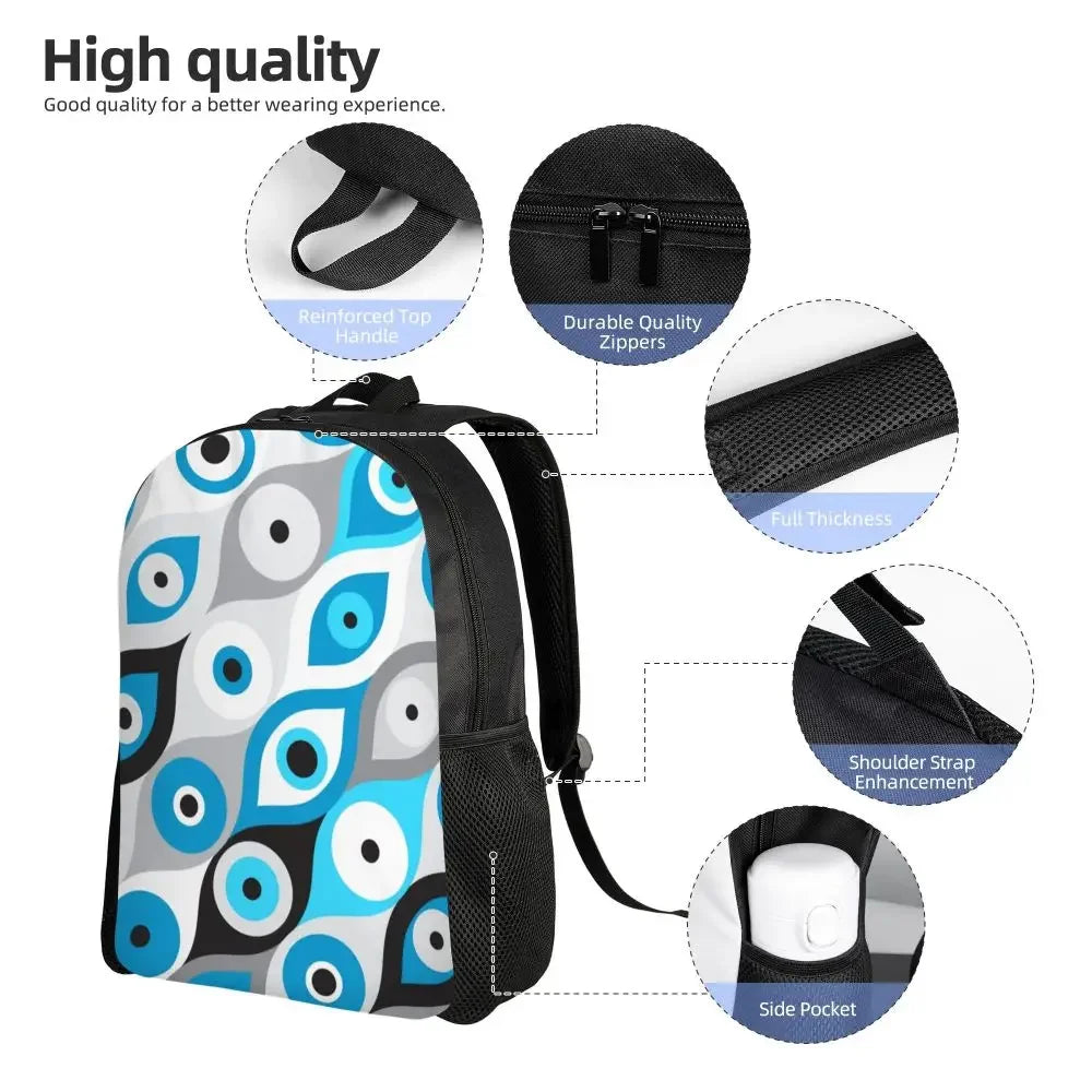 Custom Navy Blue White Mediterranean Evil Eye Mandala Pattern Backpacks Men Casual Bookbag for School College Bohemian Boho Bags