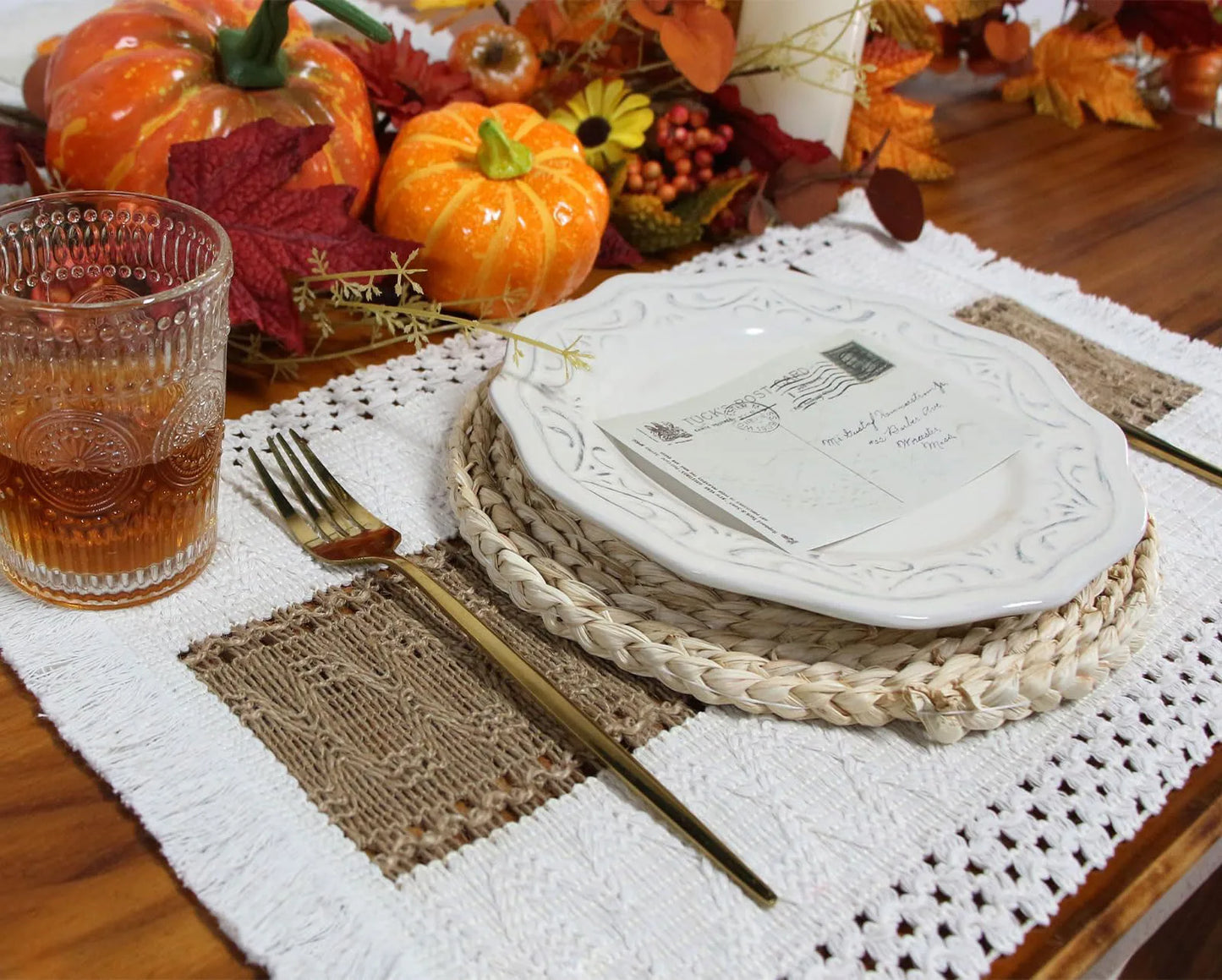 Boho Placemats Set of 6, Macrame Table Decor, Farmhouse Style Placemats, Natural Cotton Burlap, for Dining Table, Kitchen