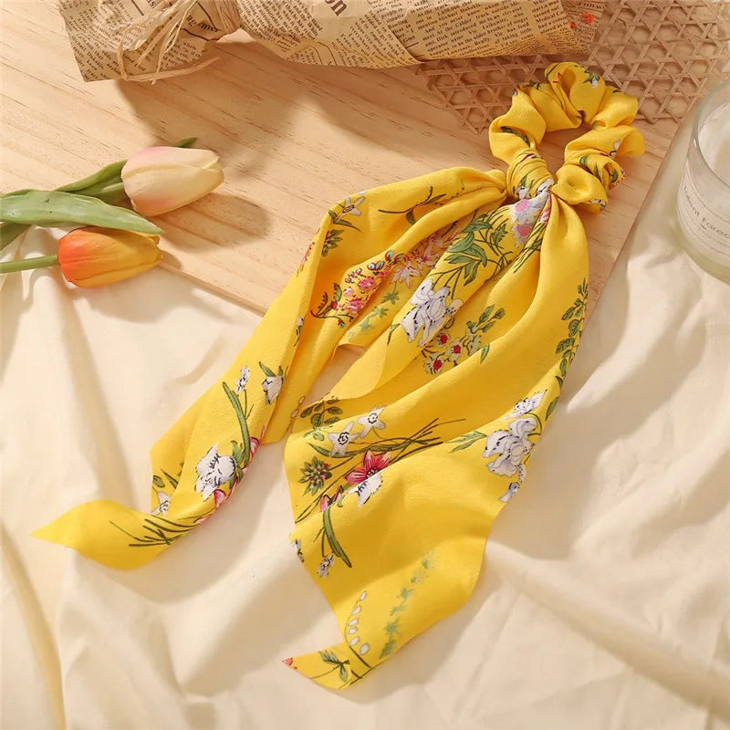 Bohemian Fashion Flower Printed Satin Elastic Long Ribbon Hair Bands Ponytail Scarf Hair Tie Women Scrunchies Hair Accessories