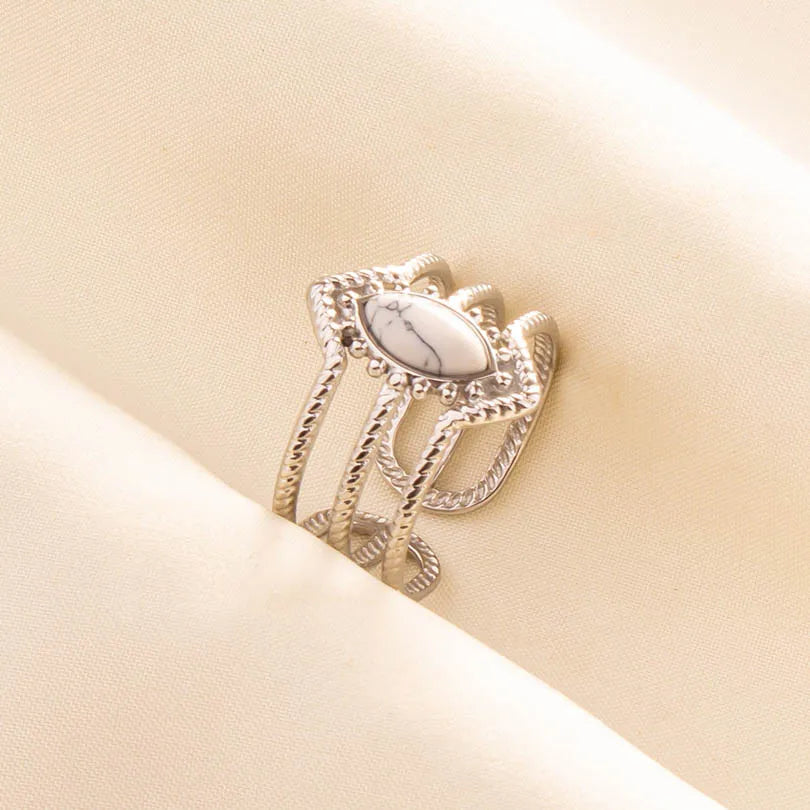 Chic Bohemian White Turquoise Statement Silver Color Ring Stainless Steel Opening Adjustable Boho Ring Jewelry Gifts Never Fade