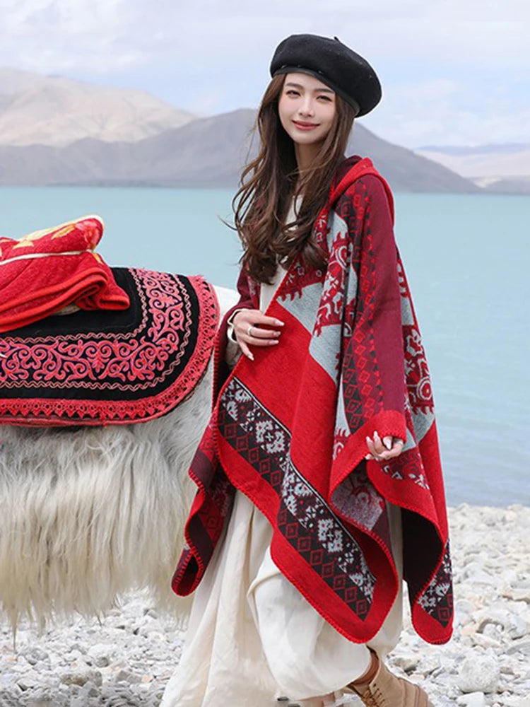 Jastie Retro Ethnic Large Shawl Ladies Fashion New Travel Knitted Hooded Poncho Women Boho Autumn Winter Warm Printed Cape Coats