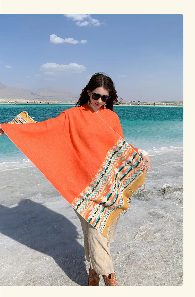 WeHello - Bohemian shawl tie dyed stripe overlay, imitation cashmere cape ethnic style warmth overlay with scarf