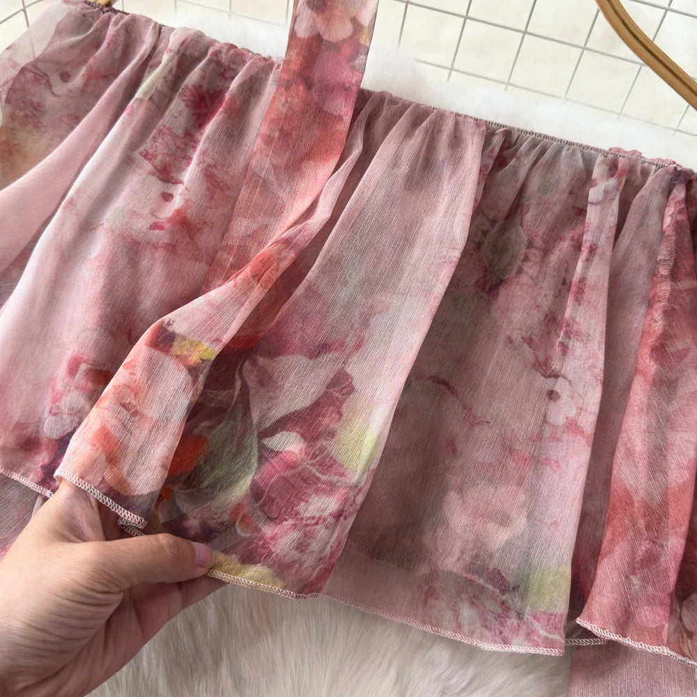 Holiday Ruffles Beach Skirts Suit Women Fashion Off Shoulder Floral Chiffon Tops  High Waist Mini Skirt Womens Two Peice Sets