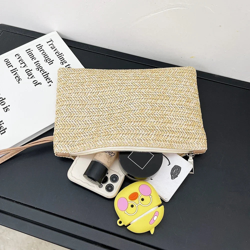 Bohemian Elegant Straw Handbag Beach Handmade Woven Women's Clutch Pure Colour Wallet Mobile Phone Coin Storage Bag