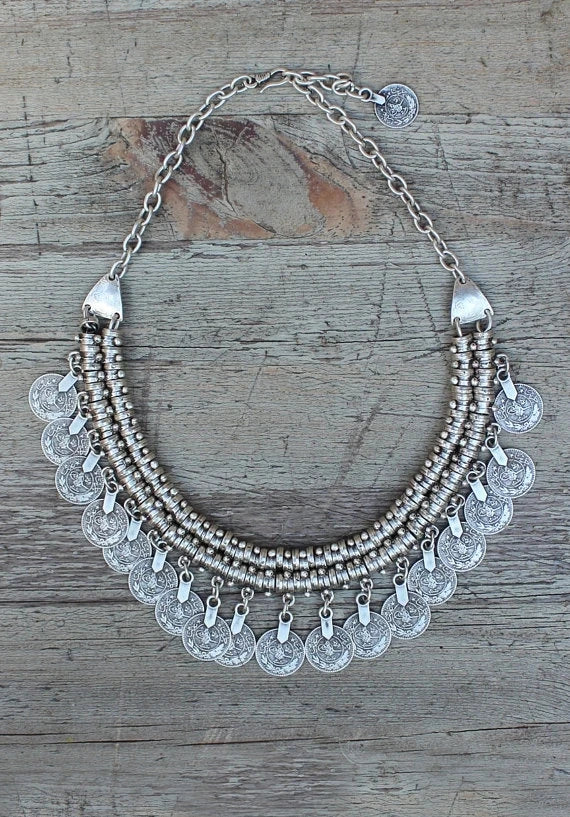 Boho Ethnic Turkish Gypsy Tribal Indian Beach Choker Bib Coin Tassel Collares Necklace For Women Vintage Silvery Afghan Jewelry