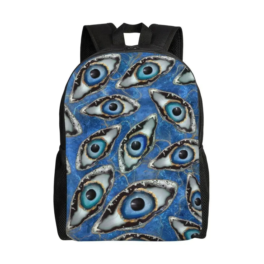 Custom Navy Blue White Mediterranean Evil Eye Mandala Pattern Backpacks Men Casual Bookbag for School College Bohemian Boho Bags