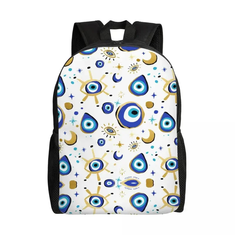Custom Navy Blue White Mediterranean Evil Eye Mandala Pattern Backpacks Men Casual Bookbag for School College Bohemian Boho Bags