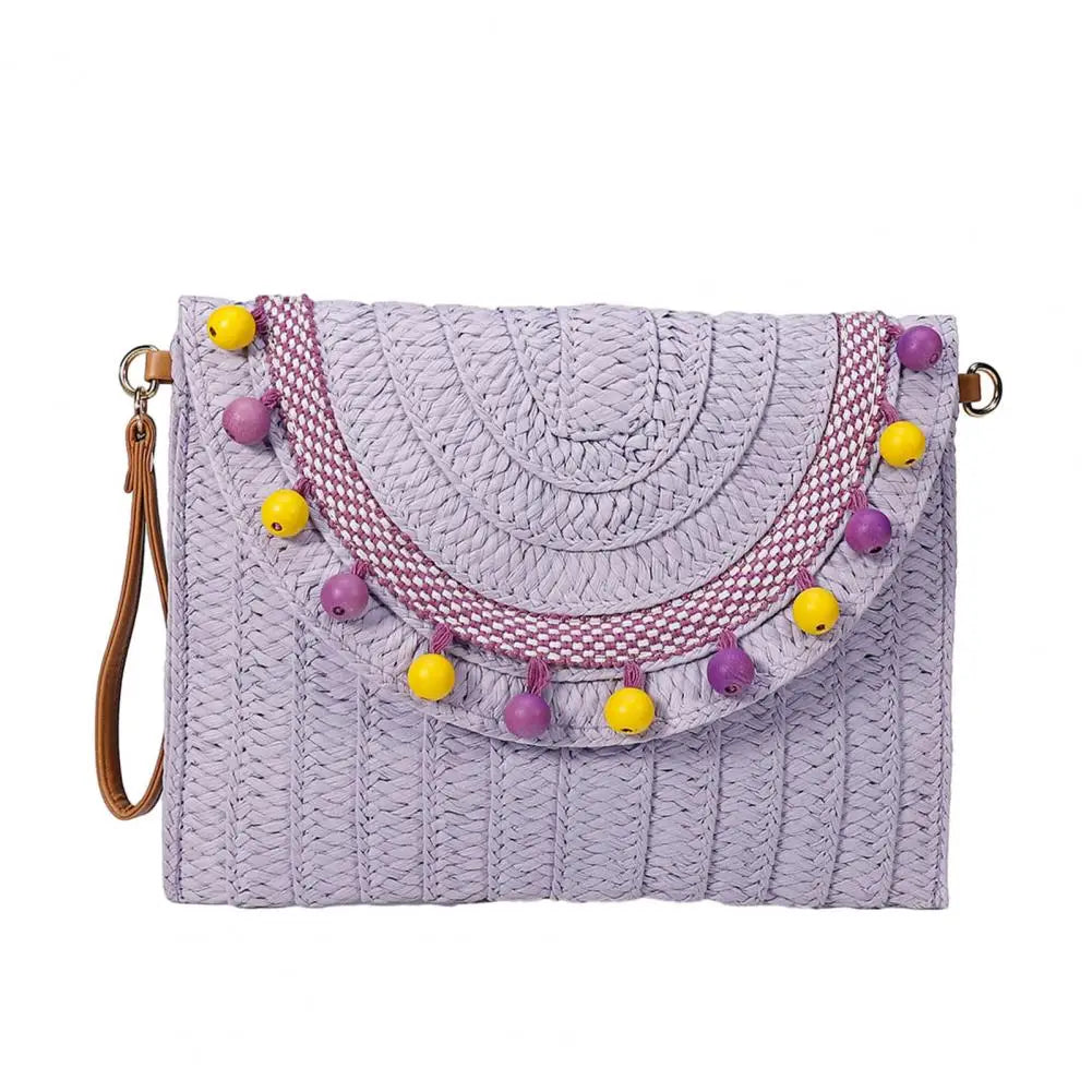 Handmade Straw Shoulder Bag with Beads Bohemian Style Large Capacity Crossbody Wallet Combo Magnetic Clasp Wallet Crossbody Bag