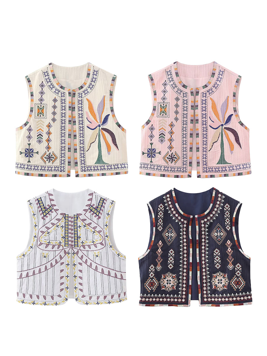 Combhasaki Women's Y2K Vintage Aesthetic Embroidery Vest Sleeveless Cardigan Round Neck Open Front Cropped Jackets Boho Outwear
