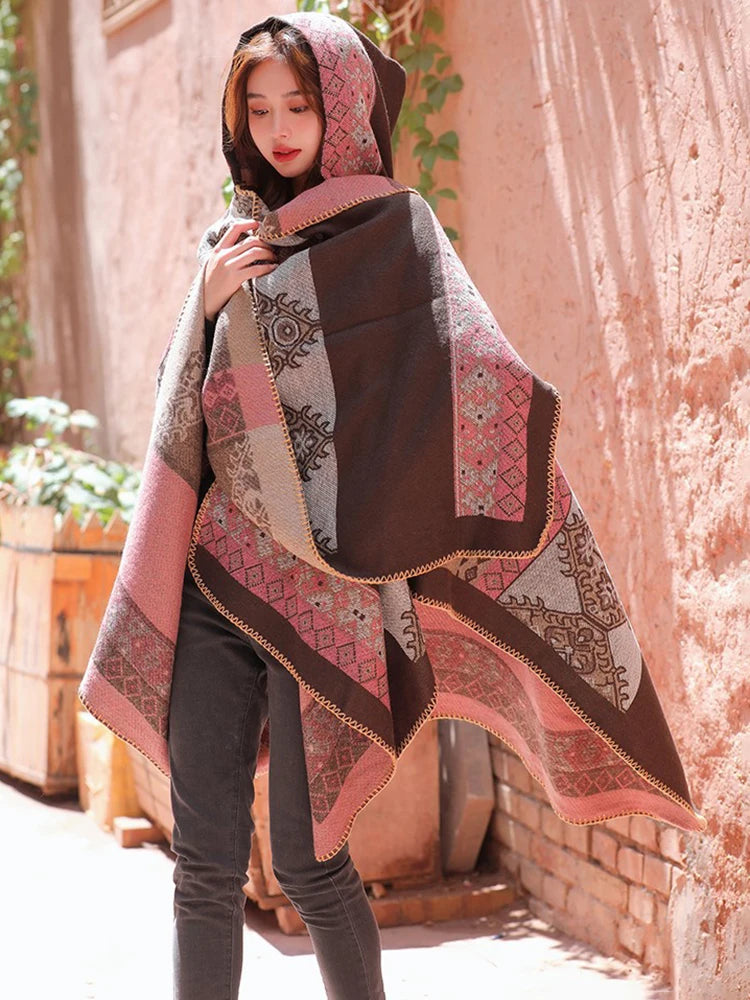 Jastie Retro Ethnic Large Shawl Ladies Fashion New Travel Knitted Hooded Poncho Women Boho Autumn Winter Warm Printed Cape Coats