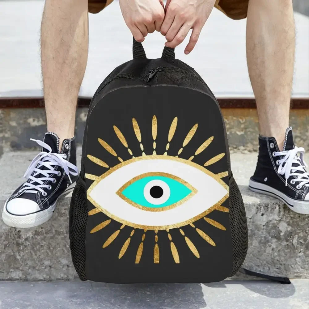 Custom Navy Blue White Mediterranean Evil Eye Mandala Pattern Backpacks Men Casual Bookbag for School College Bohemian Boho Bags