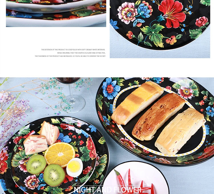 Creative Boho Ceramic Plate European Classical Painted Steak Pasta Dinner Plates Restaurant Hotel Serving Tray Home Tableware
