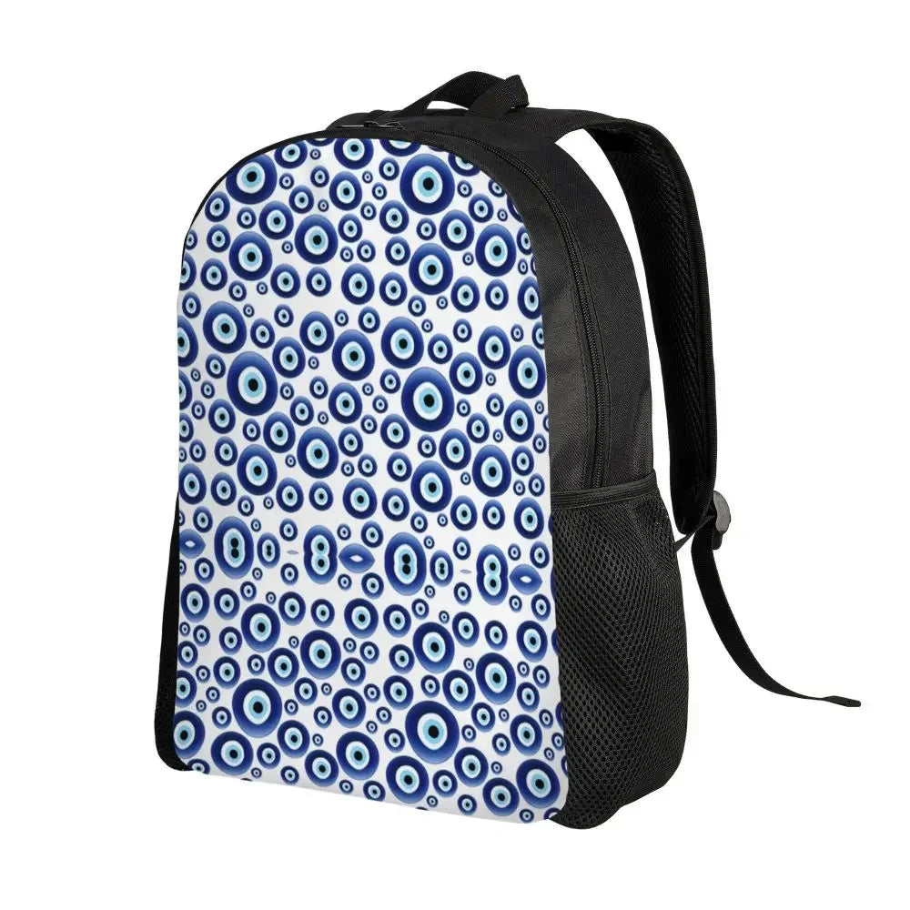 Custom Navy Blue White Mediterranean Evil Eye Mandala Pattern Backpacks Men Casual Bookbag for School College Bohemian Boho Bags
