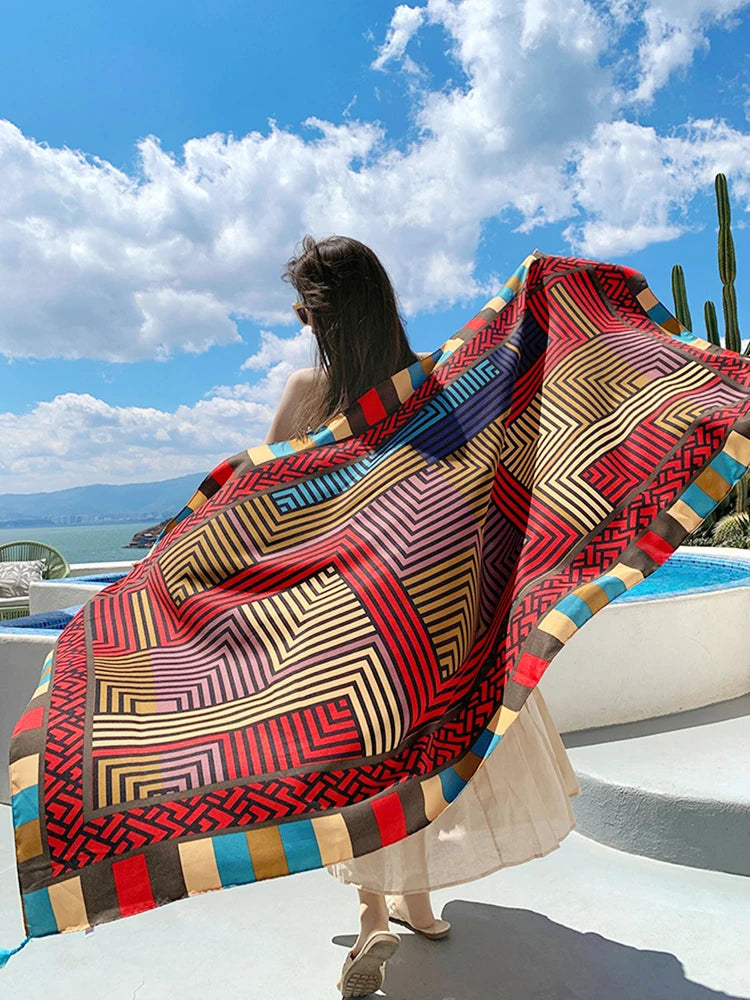 Summer Elegant Women Silk Scarf Beach Wrap Shawl Vintage Striped Print Lady Sunscreen Bandana Long Hijab Mujer Boho Scarve Pareo