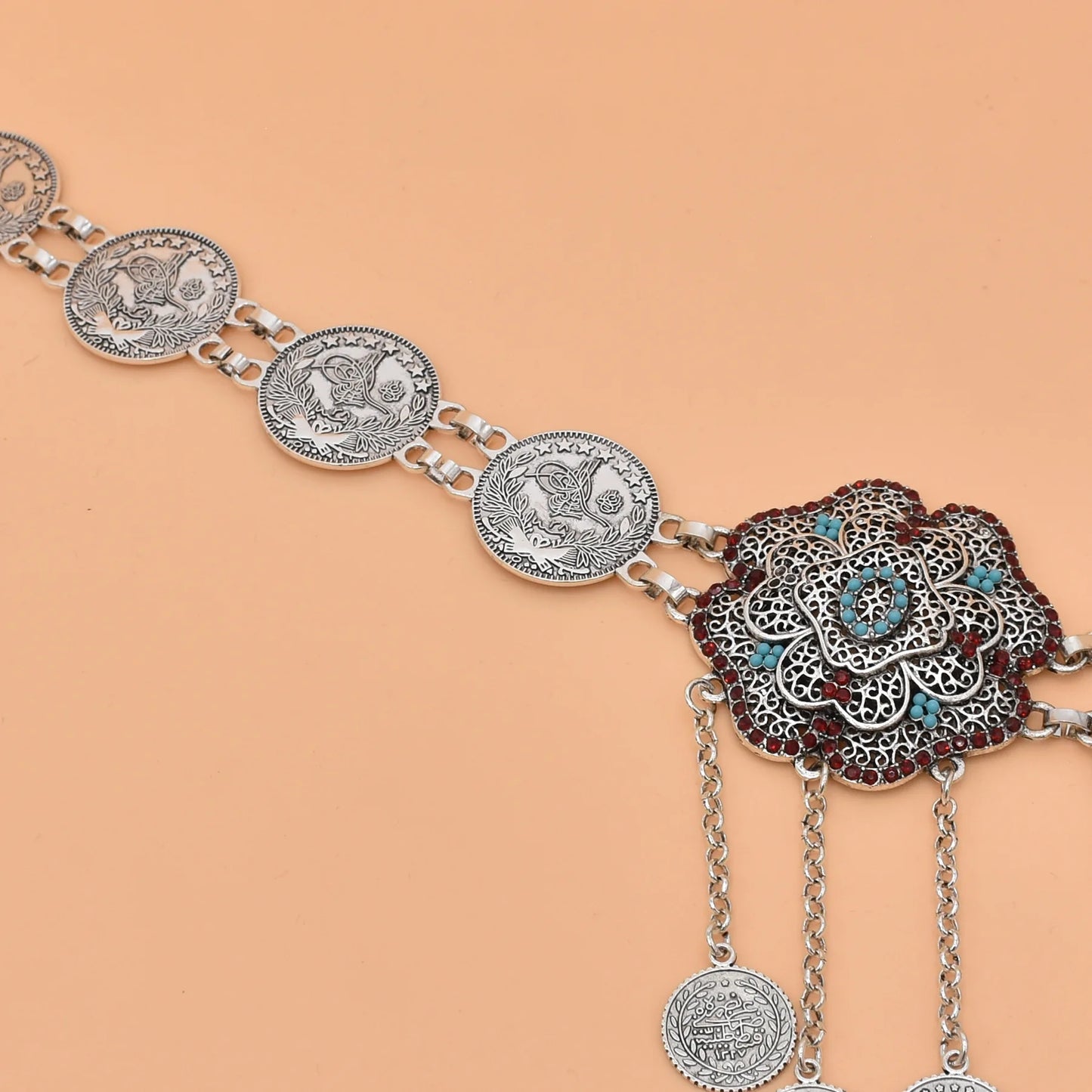Hollow Out Flower Coins Chain Pendant Belt for Women Rhinestone Waist Chains Jewelry India Gypsy Dance Dress Accessories Gift