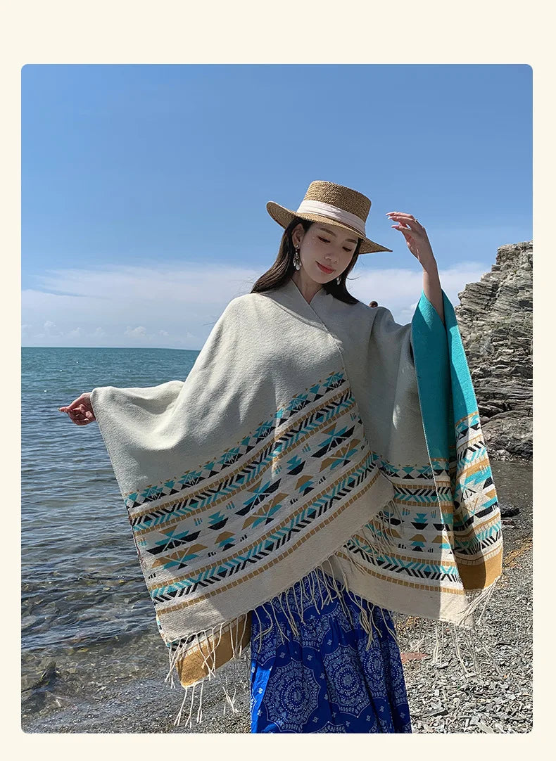 WeHello - Bohemian shawl tie dyed stripe overlay, imitation cashmere cape ethnic style warmth overlay with scarf