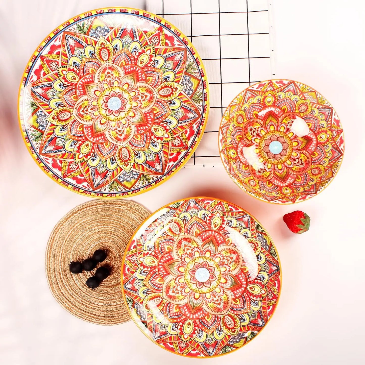 Dinnerware Sets (12 pcs) Serves for 4, Buffet Dinnerware, Boho Plates and Bowls Set with 8.3"salad Plate 10.6"dinner Plate 6.3"b