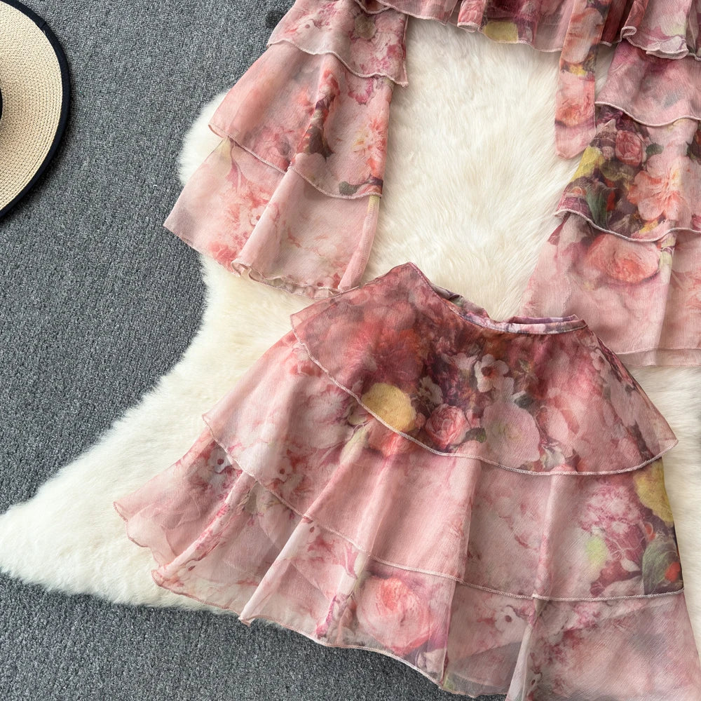 Holiday Ruffles Beach Skirts Suit Women Fashion Off Shoulder Floral Chiffon Tops  High Waist Mini Skirt Womens Two Peice Sets