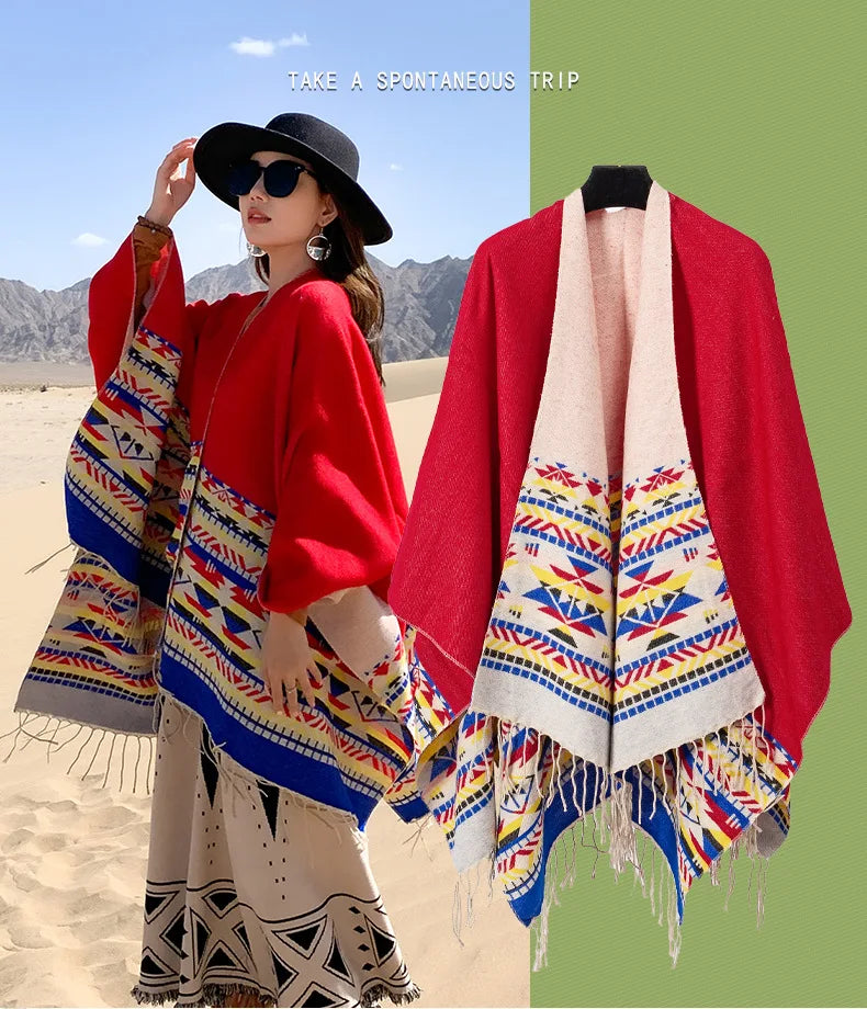 WeHello - Bohemian shawl tie dyed stripe overlay, imitation cashmere cape ethnic style warmth overlay with scarf