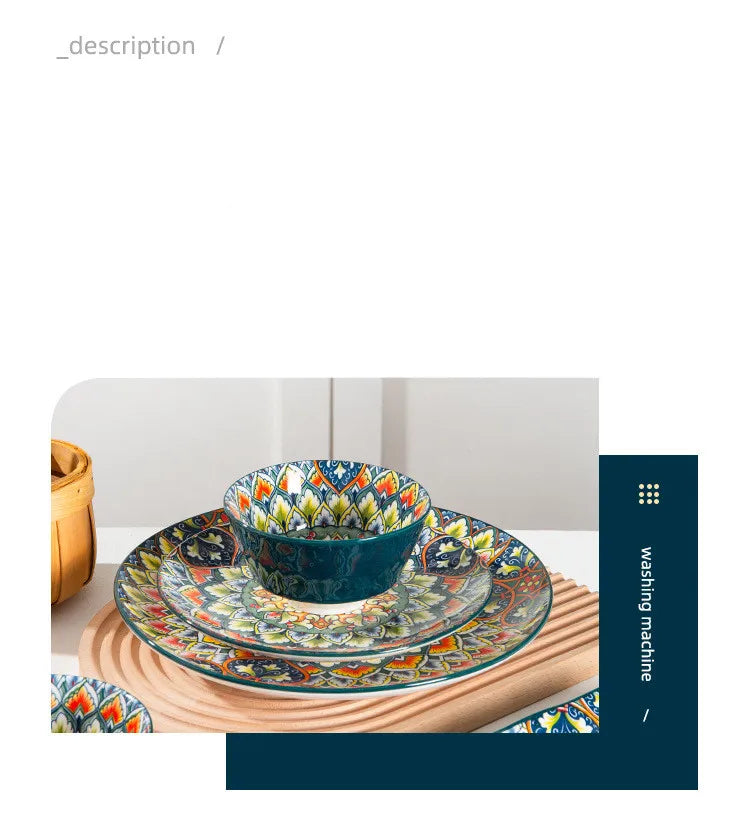 Retro Ceramic Dinner Plates Set Bohemia Style Food Plate Household Tableware Set Breakfast Plates Salad Soup Bowls Dinnerware