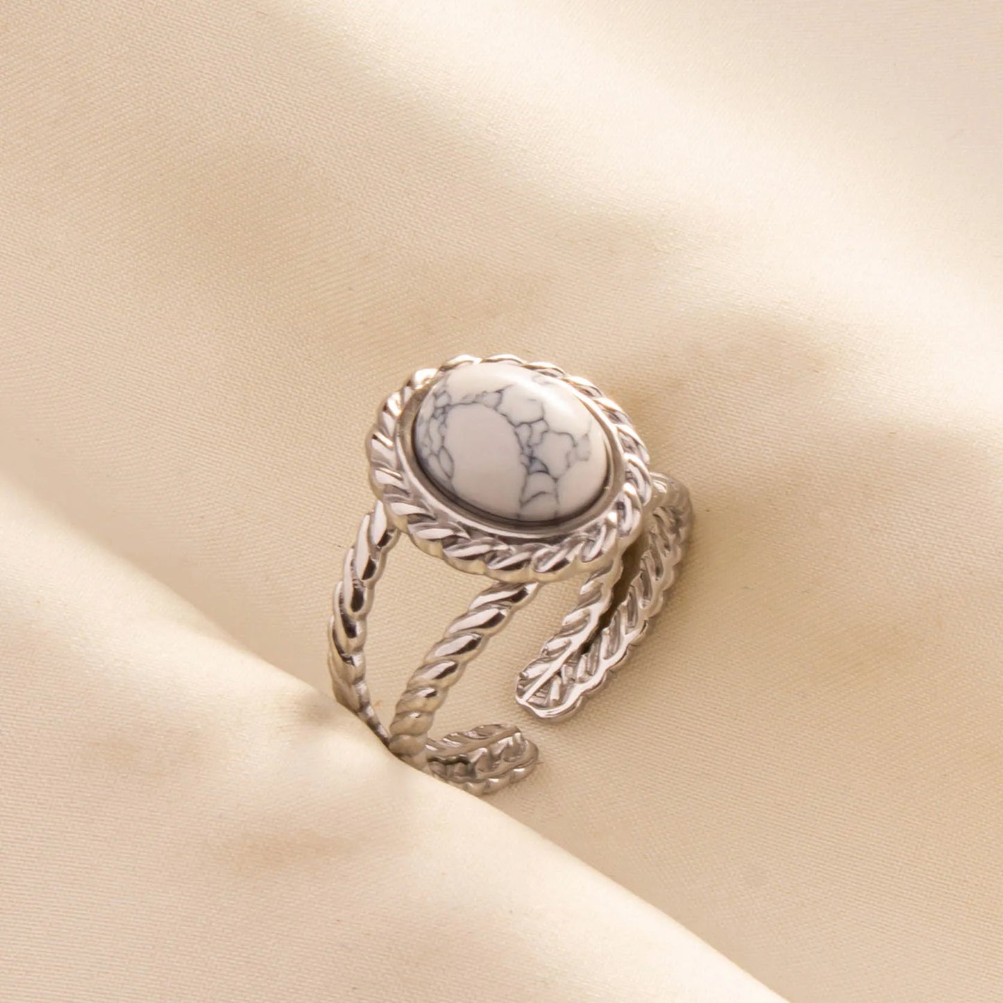 Chic Bohemian White Turquoise Statement Silver Color Ring Stainless Steel Opening Adjustable Boho Ring Jewelry Gifts Never Fade