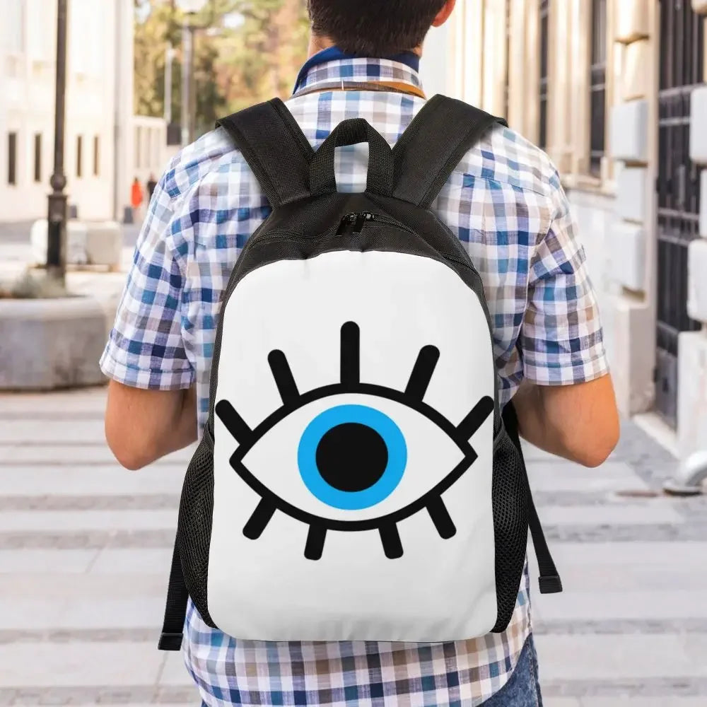 Custom Navy Blue White Mediterranean Evil Eye Mandala Pattern Backpacks Men Casual Bookbag for School College Bohemian Boho Bags